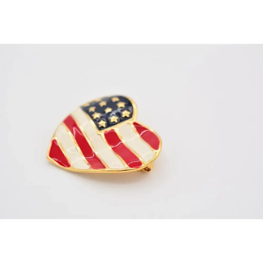 Vintage USA Heart Flag Pin Brooch American Red White Blue Gold Tone 1990s BinAT